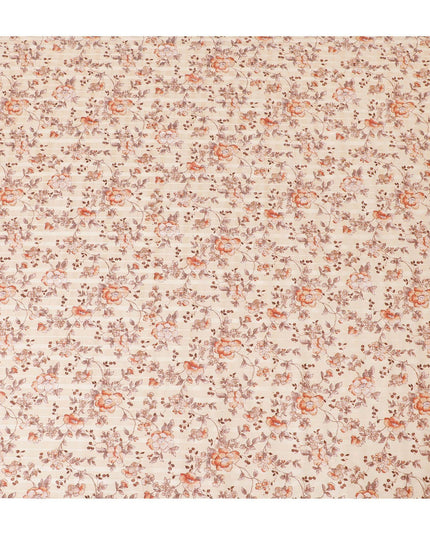 قماش ساتان قطني باللون البيج الفاتح مع طباعة باللونين البني والخوخي بتصميم الأزهار-D15286