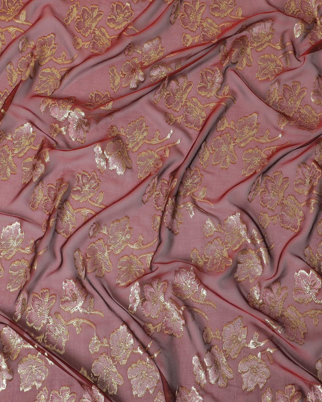 Maroon premium pure silk chiffon fabric with brick pink viscose and gold metallic lurex in floral design-D14133