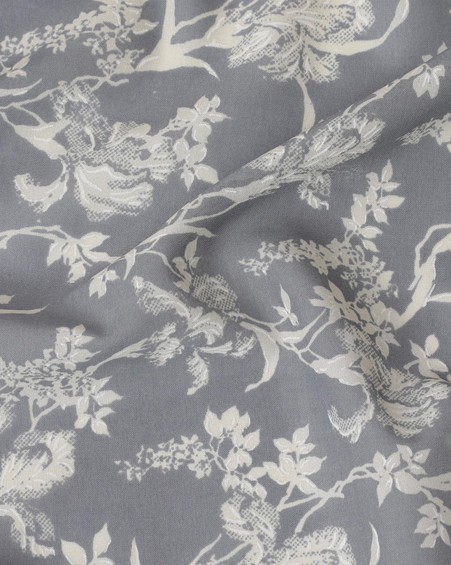 Iron grey cotton voile fabric with beige and off white print in floral design-D14838
