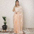 Peach premium pure silk chiffon saree with same tone jacquard having metallic lurex and stone work in floral design-D12592