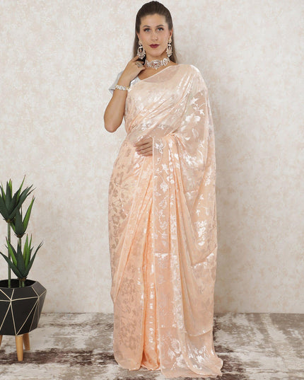 Peach premium pure silk chiffon saree with same tone jacquard having metallic lurex and stone work in floral design-D12592
