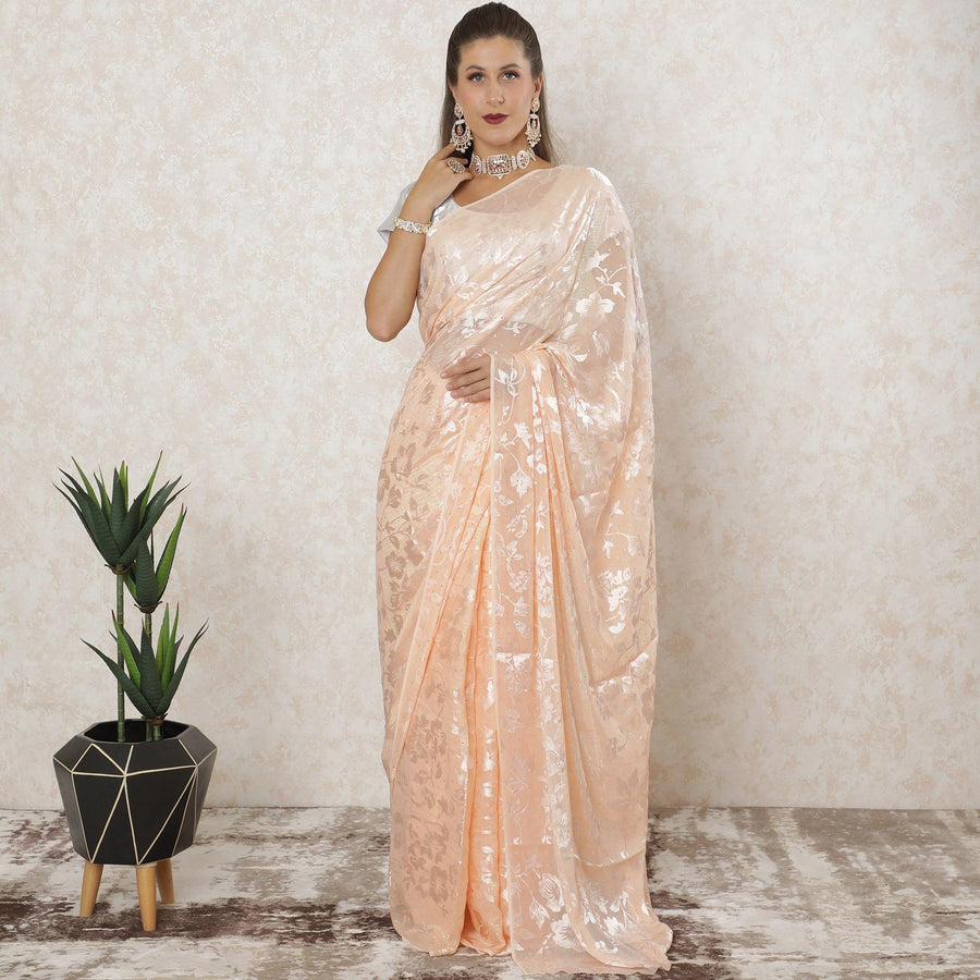 Peach premium pure silk chiffon saree with same tone jacquard having metallic lurex and stone work in floral design-D12592