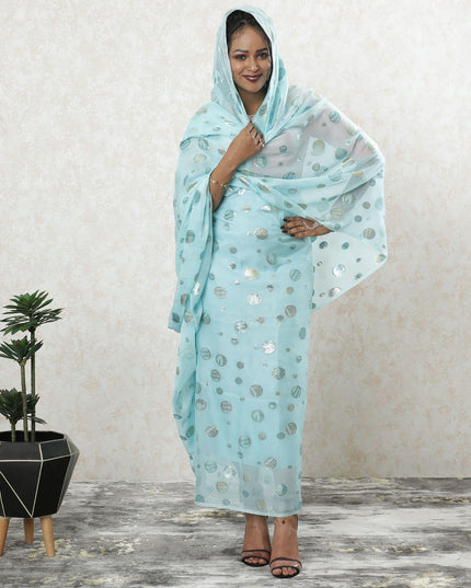Baby blue premium pure silk chiffon thobe with same tone and gold metallic lurex in dot design-D9496