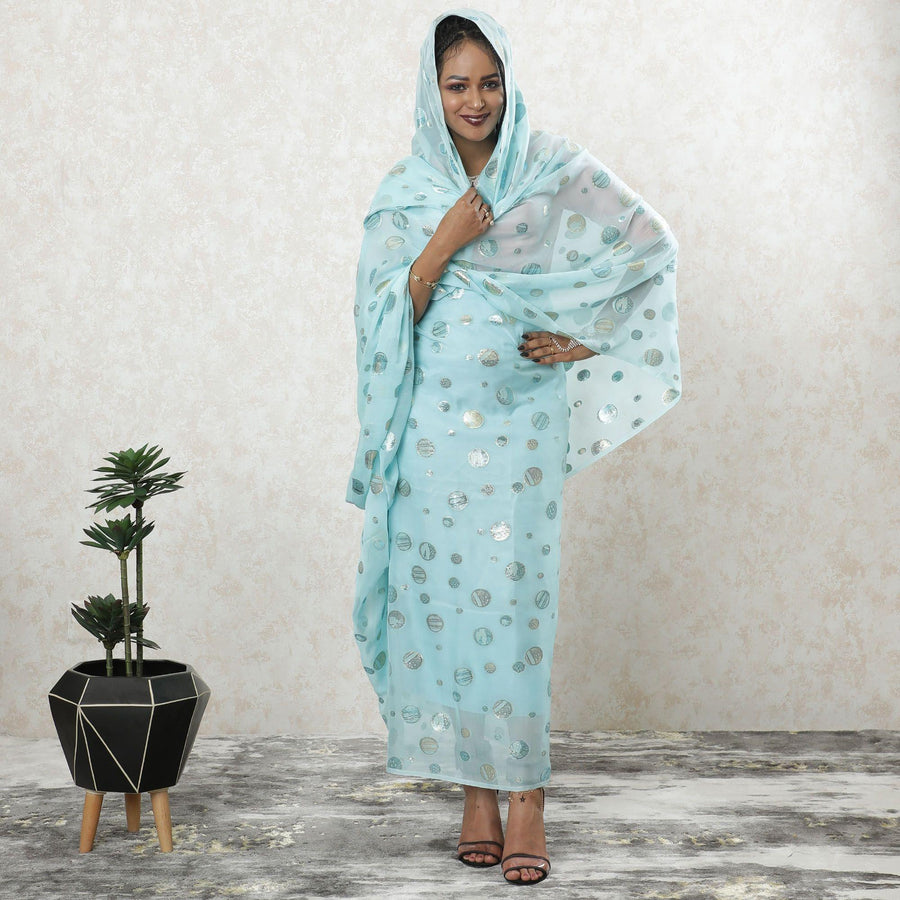 Baby blue premium pure silk chiffon thobe with same tone and gold metallic lurex in dot design-D9496