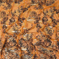 قماش شيفون حرير خالص برتقالي فاخر مع قطيع أسود به بريق ولوريكس معدني ذهبي بتصميم زهور-D13724