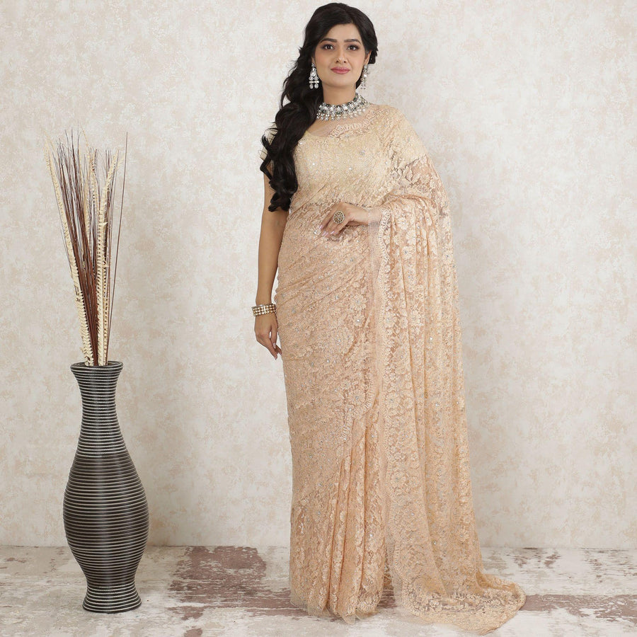 Light peach, Gold Premium pure metallic French chantilly saree lace having stone work in floral design-D13485