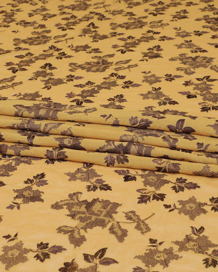 قماش فوال قطني تورتيلا بني مع تطريز بني موكا وذهبي بتصميم زهور-D8537