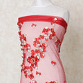 Scarlet red nyon tulle fabric with same tone, beige embroidery, floral petals and stone work in floral design-D11999