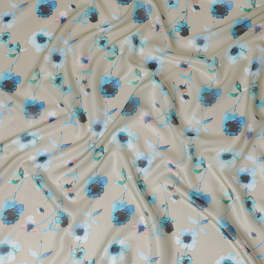 Latte beige metallic silk chiffon fabric with multicolor print in floral design-D13042