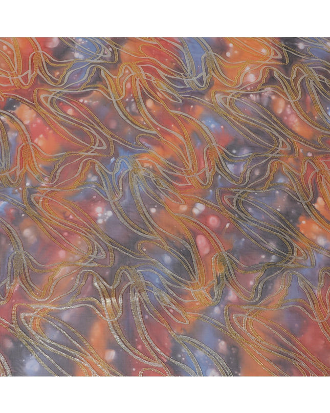 قماش شيفون من الحرير الخالص متعدد الألوان مع لوريكس معدني ذهبي بتصميم تجريدي-D14103