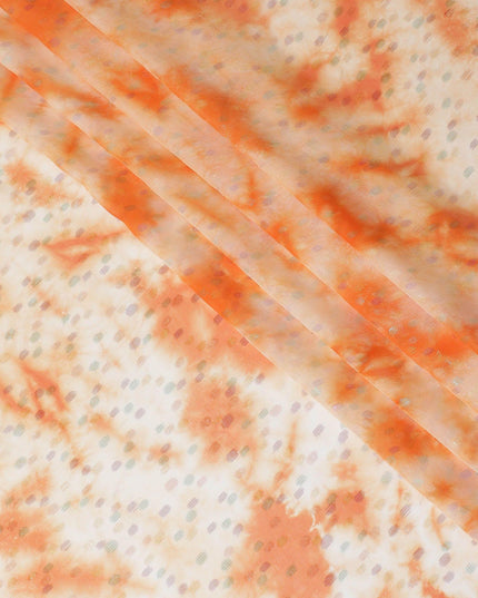 Melon orange premium pure silk chiffon fabric with multicolor metallic lurex in dot design-D10418