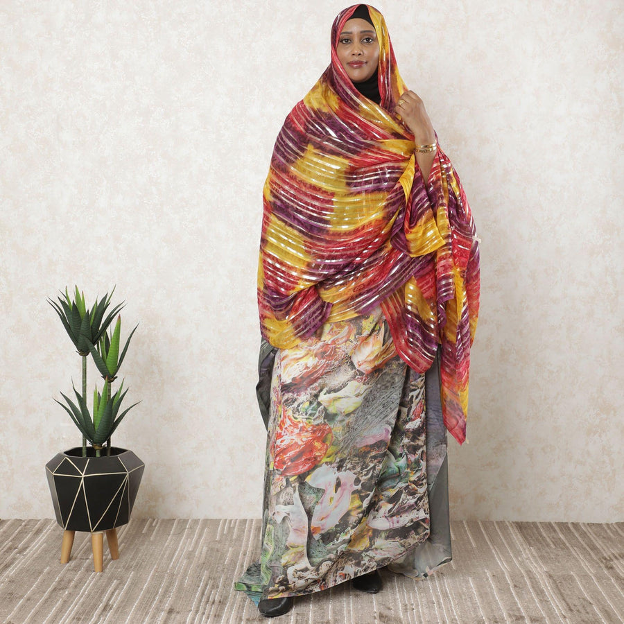 Multicolor premium pure silk chiffon garbasaar with gold metallic lurex in stripe design-D11553 Regal Fabrics