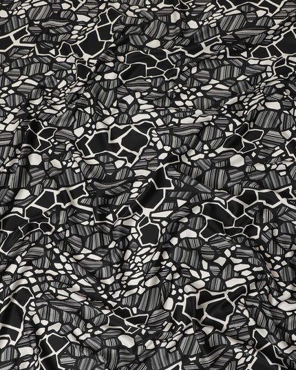 Black Premium Italian viscose fabric with cream print in abstract design-D12522
