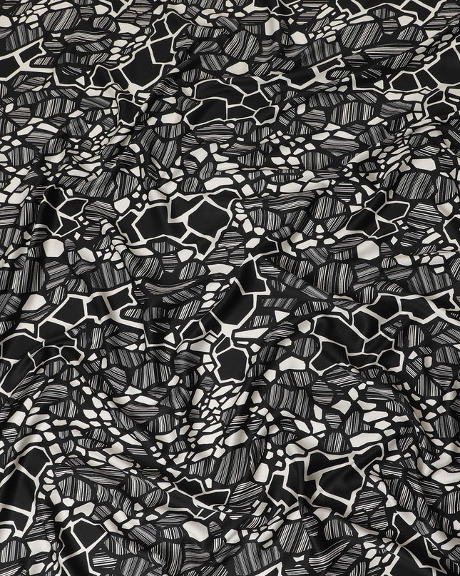 Black Premium Italian viscose fabric with cream print in abstract design-D12522