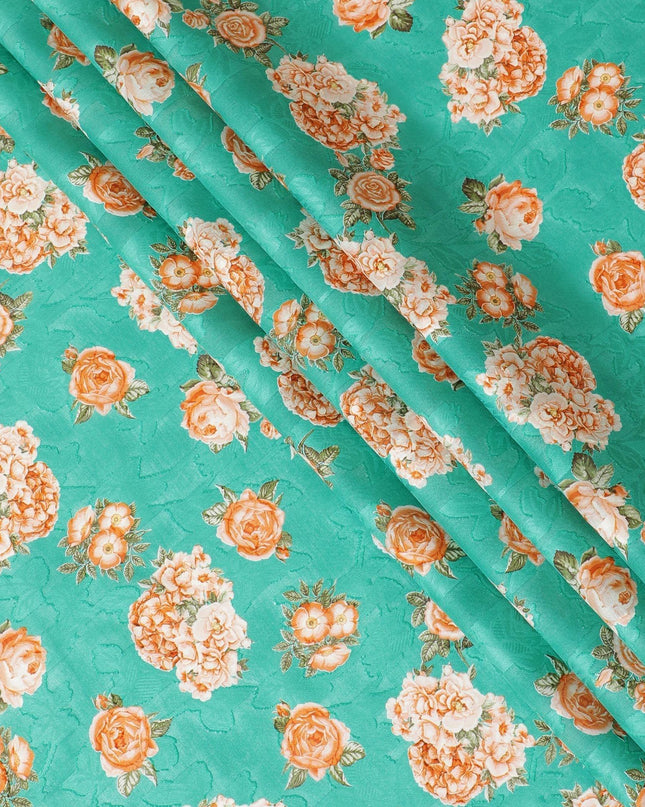 Sea green uragiri cotton voile fabric with same tone jacquard having multicolor print in floral design-D10054