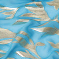 Sky blue Premium pure silk chiffon with gold metallic lurex in Leaf design-D11359