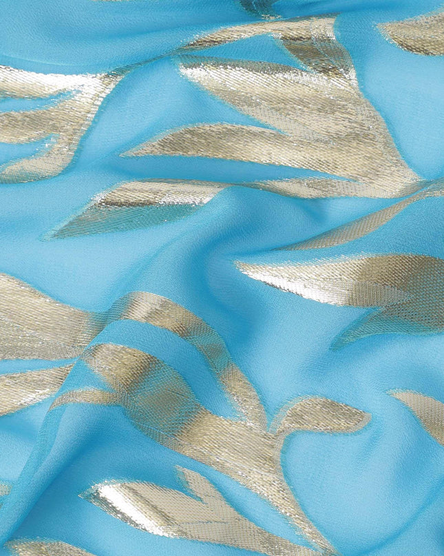 شيفون حريري نقي فاخر باللون الأزرق السماوي مع لوريكس معدني ذهبي بتصميم أوراق الشجر -D11359
