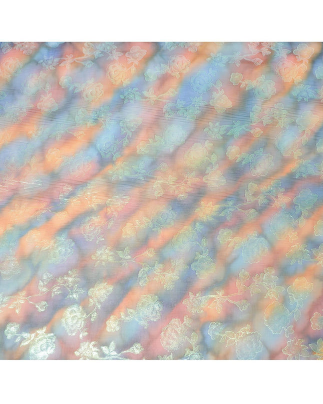 قماش شيفون حريري نقي فاخر متعدد الألوان مع لوريكس معدني أخضر نيون بتصميم زهور - D9676