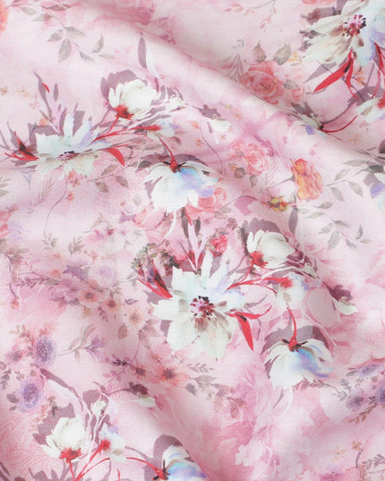 Light pink cotton satin fabric with multicolor print in floral design-D15262