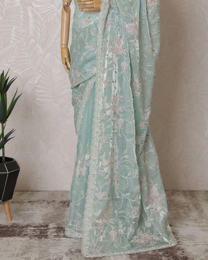 Light turquoise green Premium silk satin organza saree with sage green, beige, rose pink embroidery having gold bead work and sequin work in floral design-D15596