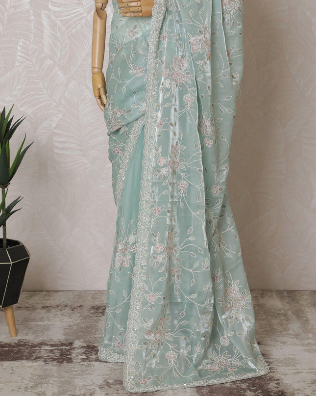 Light turquoise green Premium silk satin organza saree with sage green, beige, rose pink embroidery having gold bead work and sequin work in floral design-D15596