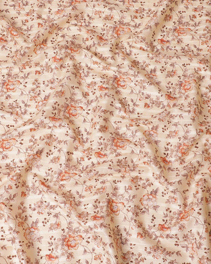 قماش ساتان قطني باللون البيج الفاتح مع طباعة باللونين البني والخوخي بتصميم الأزهار-D15286