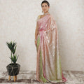 Pastel green, rose pink Premium pure French silk chiffon saree having golden metallic lurex in checks design-D12578