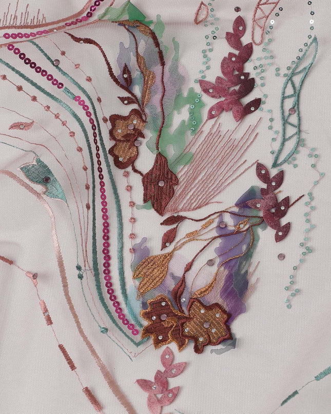 Mauve purple nylon tulle fabric with multi color embroidery and multi color sequins in abstract design