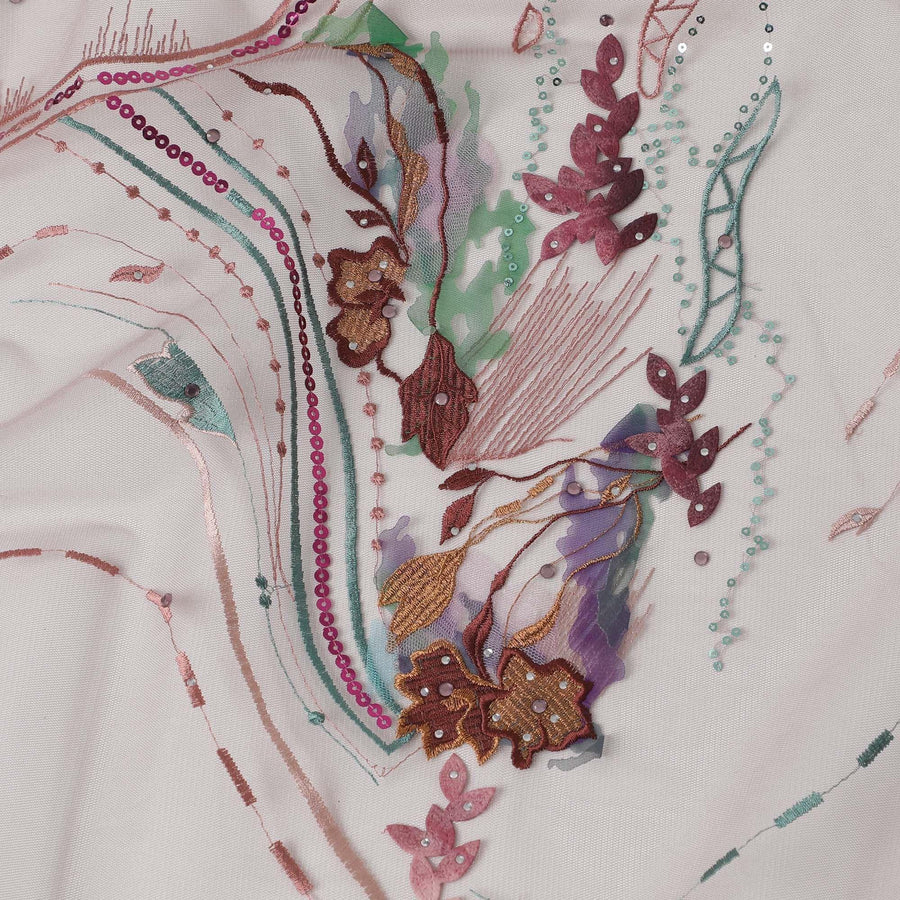 Mauve purple nylon tulle fabric with multi color embroidery and multi color sequins in abstract design