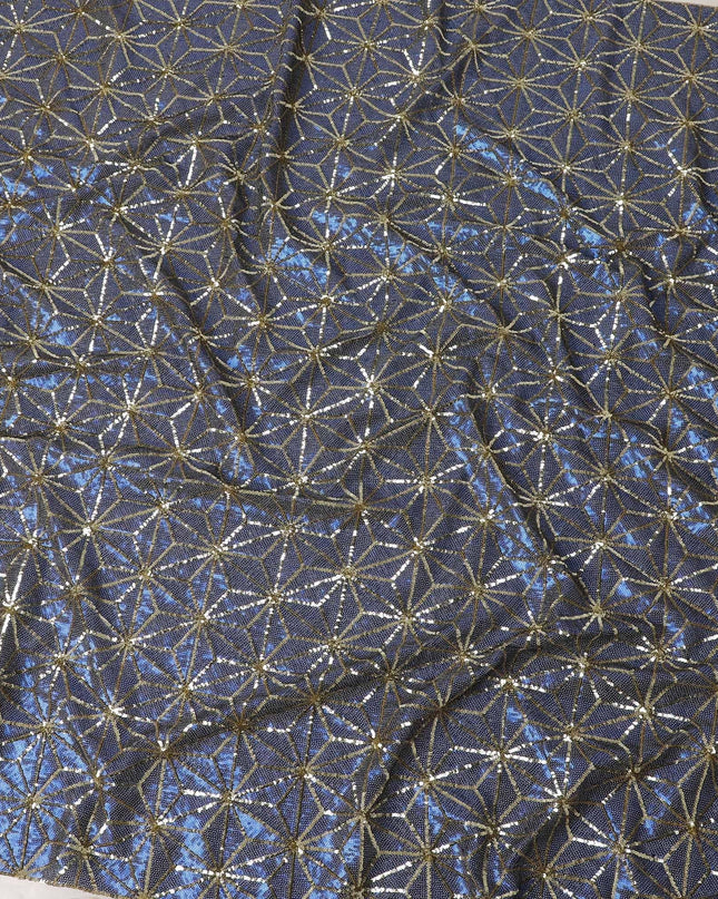 Beige nylon tulle fabric with azure blue and gold sequins in abstract design