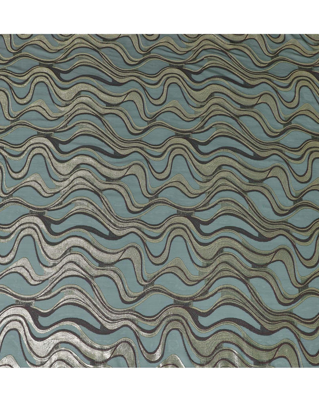 قماش من الشيفون الحريري الفرنسي (الفرنساوي) الفاخر باللون الأخضر الزجاجي مع الفيسكوز البني والوركس المعدني الذهبي بتصميم تجريدي-D14266