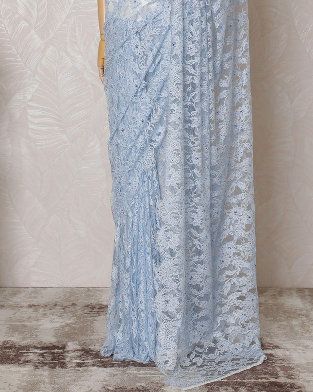 Baby blue Premium pure French chantilly lace saree having stone work in floral design-D14600