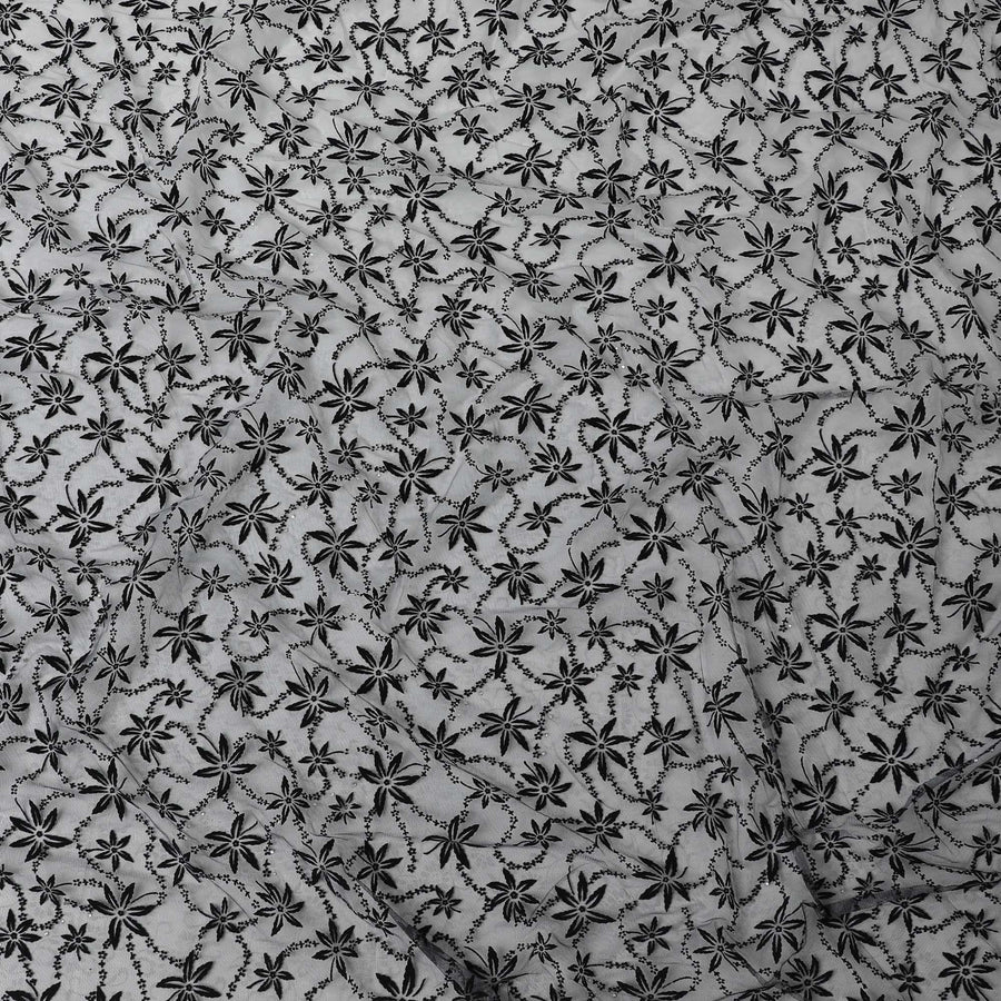 Pewter grey to smoke grey ombre nylon tulle fabric with burnout velvet in floral design