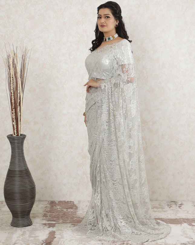 Silver grey Premium pure metallic French chantilly saree lace having stone work in floral design-D13463