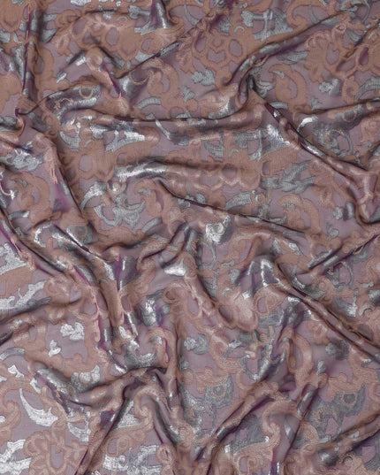Purple Premium pure French (Fransawi) silk chiffon garbasaar with gold viscose and baby blue metallic lurex in abstract design-D11520 Regal Fabrics