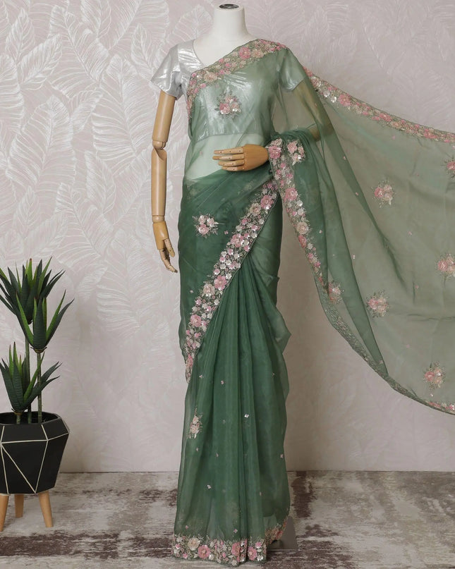 Fern green Premium silk organza saree with multicolor embroidery having gold bead work, applique work and sequin work in floral design-D15592 Regal Fabrics