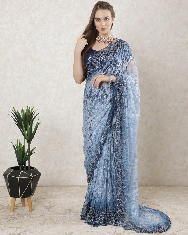 Blue, Baby blue Premium French chantilly shaded lace saree with stone work in floral design-D10177