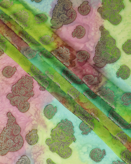 قماش شيفون حريري فرنسي (فرنساوي) فاخر متعدد الألوان مع لوركس معدني ذهبي بتصميم زهور-D14016