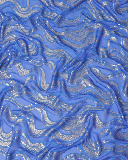 Royal blue Premium pure French (Fransawi) silk chiffon fabric with same tone viscose having silver metallic lurex in abstract design-D14227