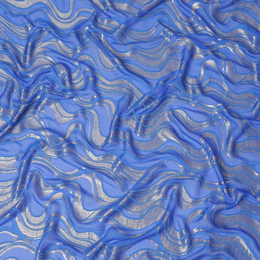 Royal blue Premium pure French (Fransawi) silk chiffon fabric with same tone viscose having silver metallic lurex in abstract design-D14227