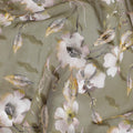 Olive green cotton voile fabric with brown, off white and mustard yellow print in floral design-D10745 Regal Fabrics