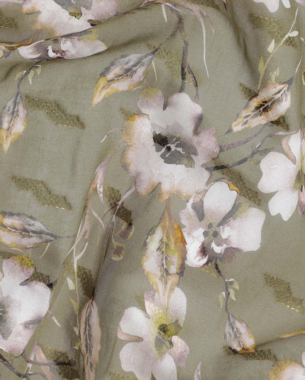 Olive green cotton voile fabric with brown, off white and mustard yellow print in floral design-D10745 Regal Fabrics