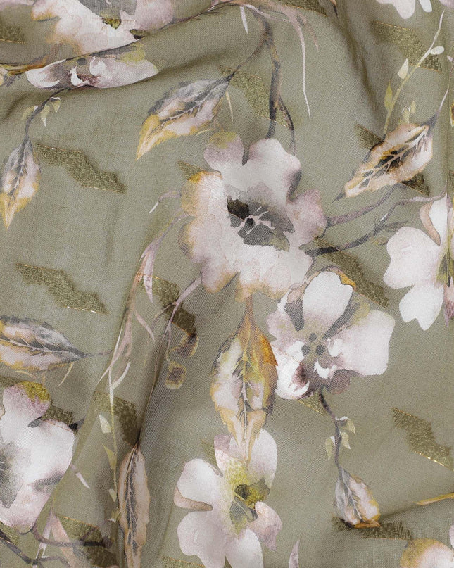 Olive green cotton voile fabric with brown, off white and mustard yellow print in floral design-D10745 Regal Fabrics