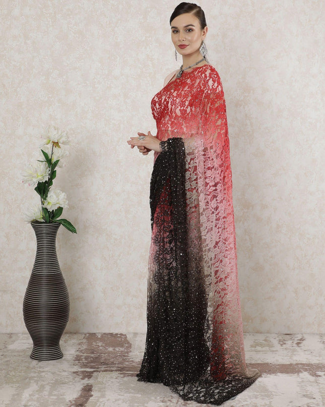 Multicolor Premium pure French chantilly lace saree having stone work in floral design-D14521