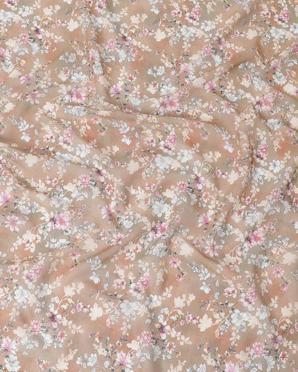 Light brown cotton voile fabric with off white, black, baby pink and beige print in floral design-D6281