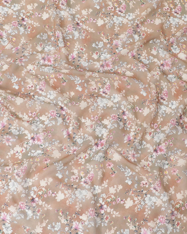 Light brown cotton voile fabric with off white, black, baby pink and beige print in floral design-D6281
