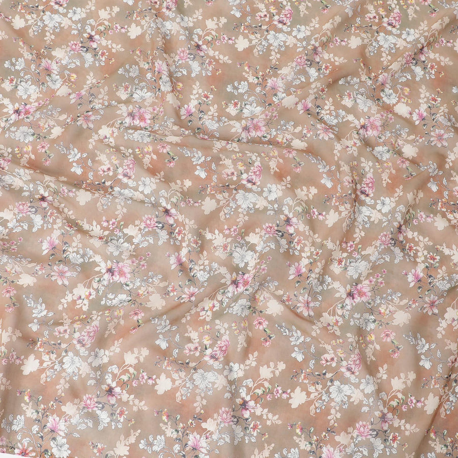 Light brown cotton voile fabric with off white, black, baby pink and beige print in floral design-D6281