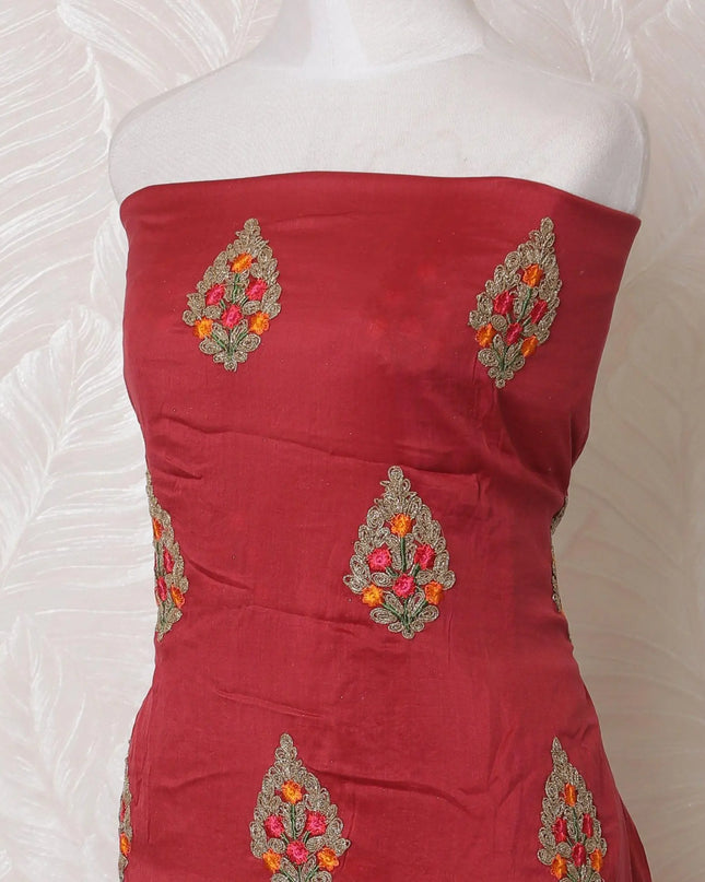 Crimson red blended cotton lawn fabric with multicolor embroidery in floral design-D15072 Regal Fabrics