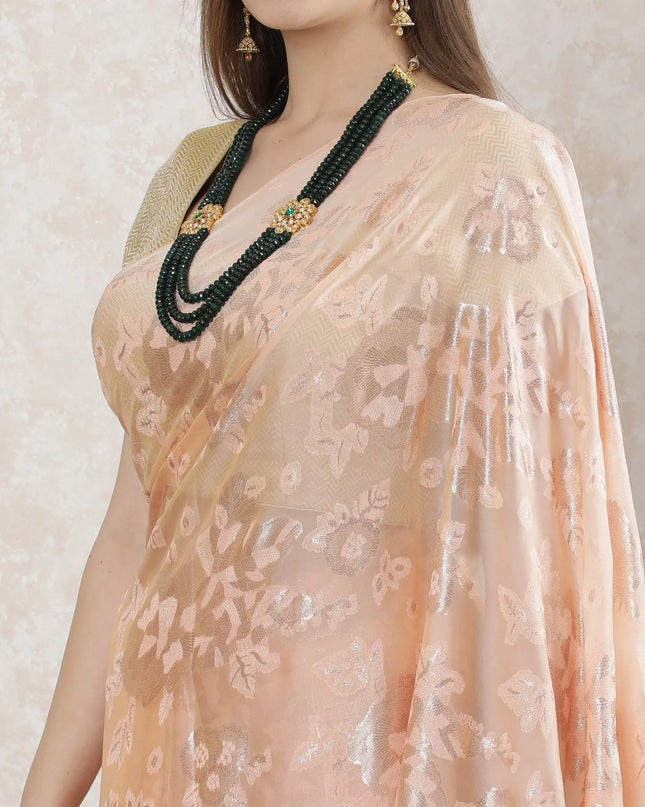 Salmon peach Premium French silk chiffon saree with same tone viscose and gold metallic lurex in floral design-D10202 Regal Fabrics