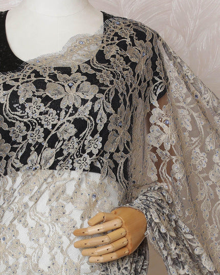 Gold, blue Premium pure French two tone chantilly lace saree having stone work in floral design-D14598 Regal Fabrics